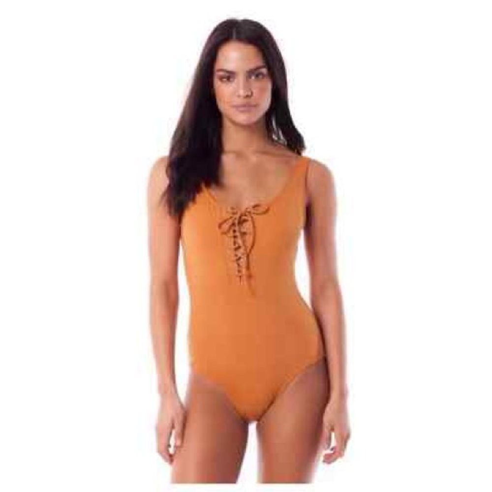 Orange Lace-Up One-Piece Swimsuit